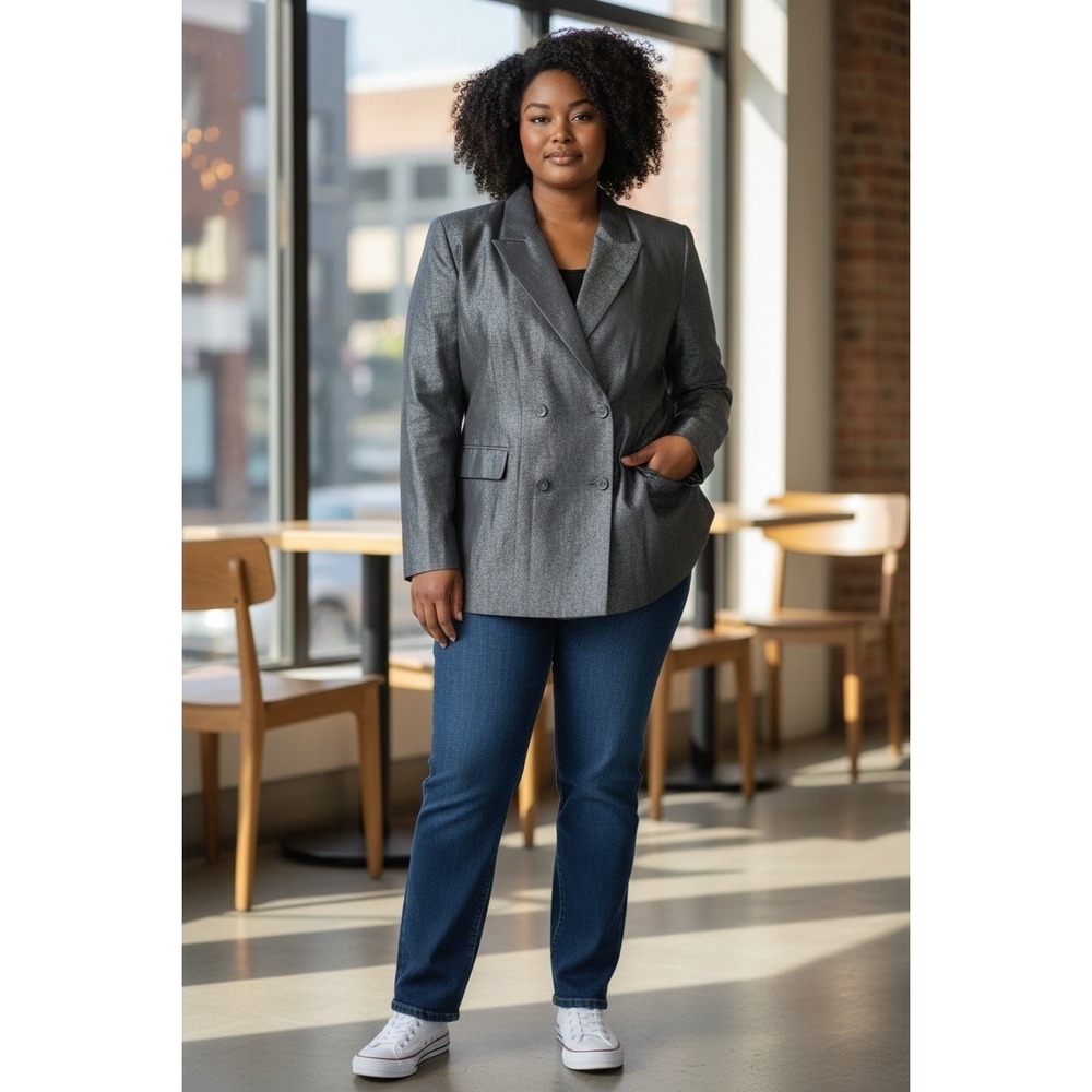 Linda Allard Ellen Tracy Charcoal‎ Gray Wool Blend Double Breasted Blazer 16
